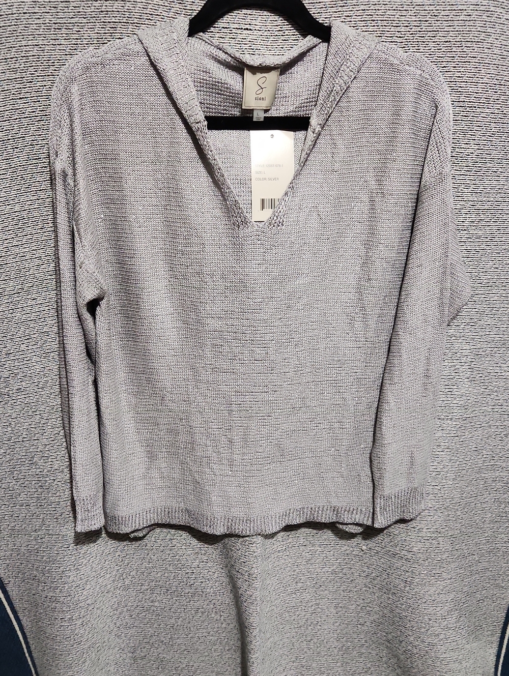Sioni Light Gray V-Neck Hooded Knit Pullover with Shimmer